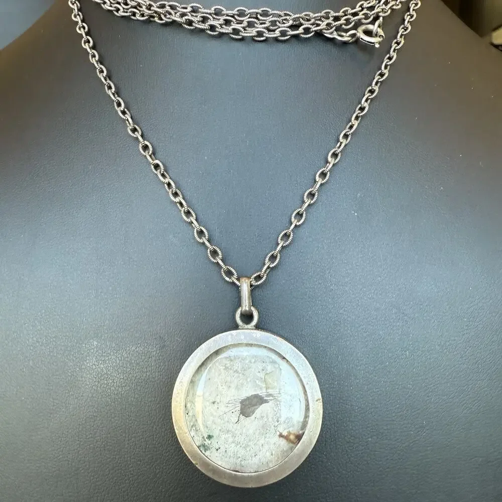 Antique Vintage Sterling Silver Round Glass Photo Locket With Chain READ